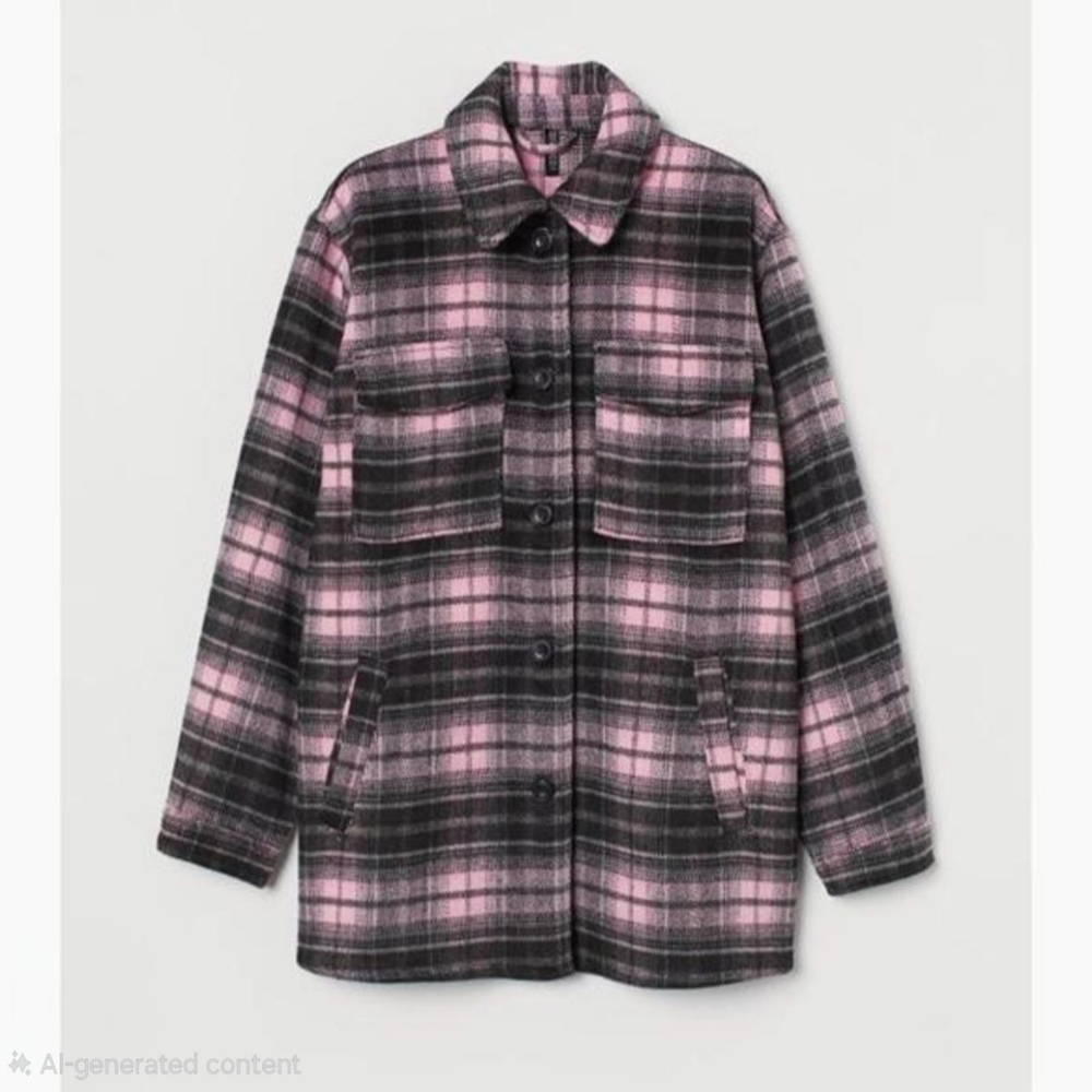 H&M Pink Black Plaid Pattern Oversized Button Jacket Coat